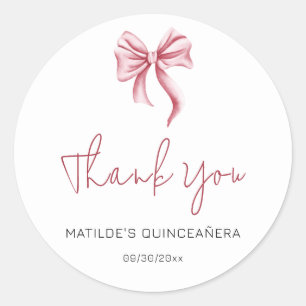 Sticker Rond Simple Ruban Rose Script Quinceanera Merci