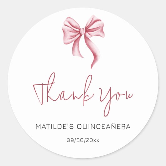 Sticker Rond Simple Ruban Rose Script Quinceanera Merci (Devant)