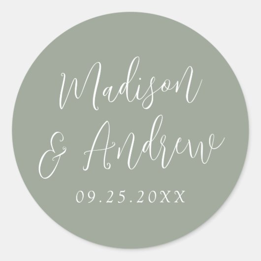 Sticker Rond Simple Script Mariage personnalisé vert sauge (Devant)