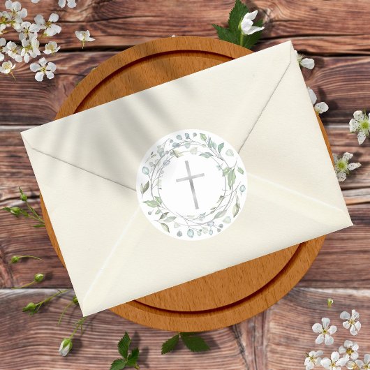 Sticker Rond Simple Silver Cross Laurel Garland Green