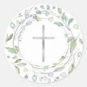 Sticker Rond Simple Silver Cross Laurel Garland Green (Devant)