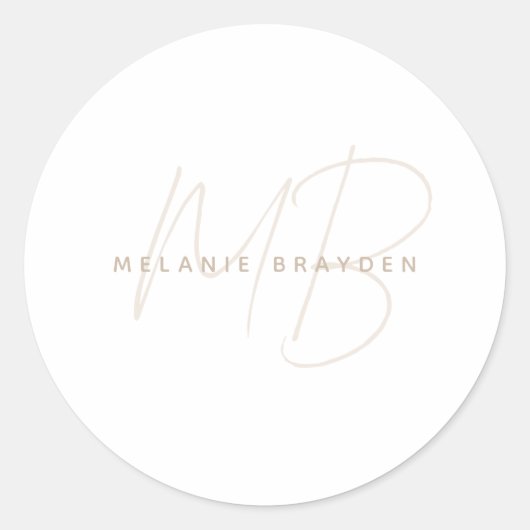 Sticker Rond Simple Taupe Minimaliste Deux Nom Monogramme (Devant)