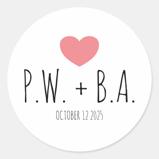 Sticker Rond Simple Whimsical Monogrammed Heart Mariage (Devant)