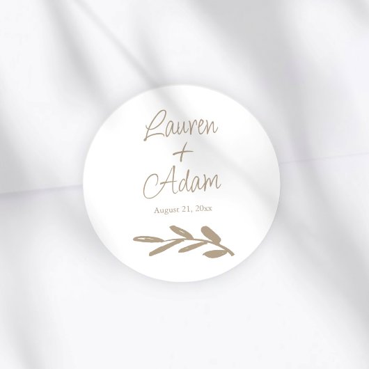 Sticker Rond Simple White & Gold Script Wedding