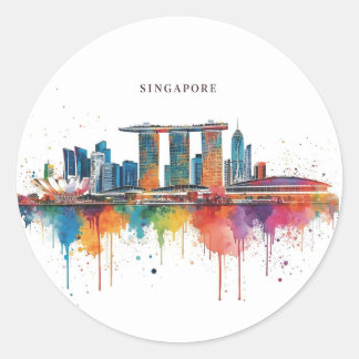 Sticker Rond Singapore city retro watercolor Skyline