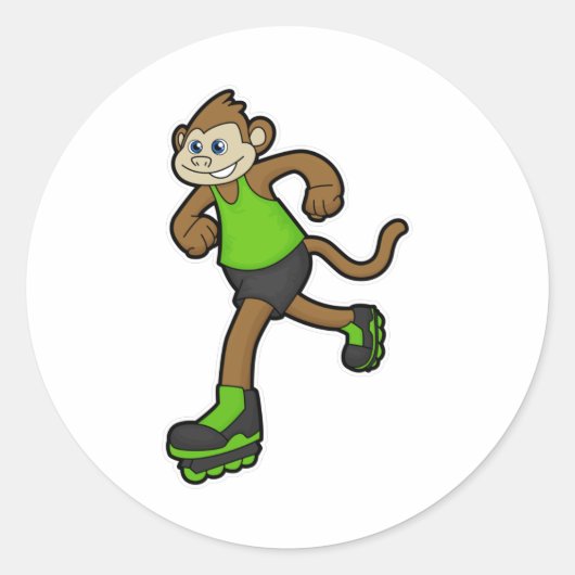 Sticker Rond Singe comme patineur avec patins en ligne (Devant)