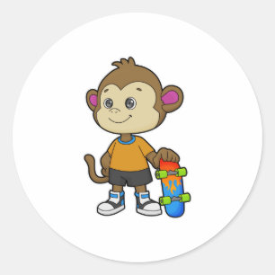 Sticker Rond Singe comme patineur avec skateboard