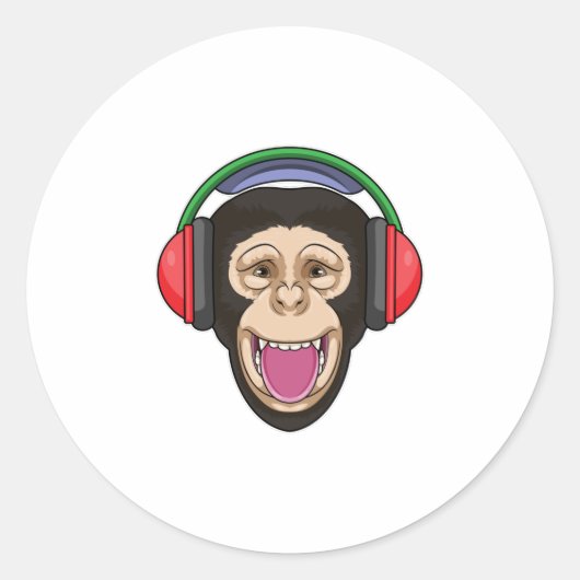 Sticker Rond Singe dans la musique avec casque (Devant)