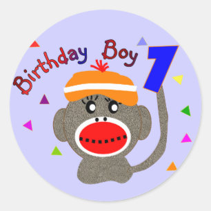 Sticker Rond Singe de chaussette de GARÇON d'anniversaire de 1