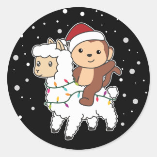 Sticker Rond Singe Lama Noël Neige hiver Animaux Classique