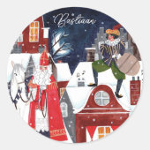 Sticker Rond Sinterklaas et Piet sur les toits d'Amsterdam (Devant)