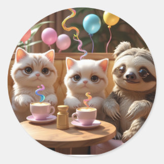 Sticker Rond Sippin’ Cuteness: Cat Café Vibes with a Cool Sloth