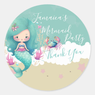 Sticker Rond Sirène aquarelle Océan Plage Anniversaire Merci
