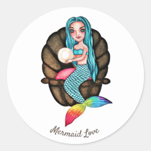 Sticker Rond Sirène Arc-En-Ciel Avec Perle En Aquarelle