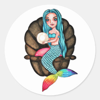 Sticker Rond Sirène Arc-En-Ciel Avec Perle En Aquarelle