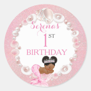 Sticker Rond Sirène bébé afro-américain coquillage perles roses