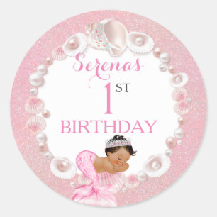 Sticker Rond Sirène Bébé Fille Ethnique Rose Coquillage Perles