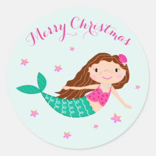Sticker Rond Sirène de Noël rose Turquoise