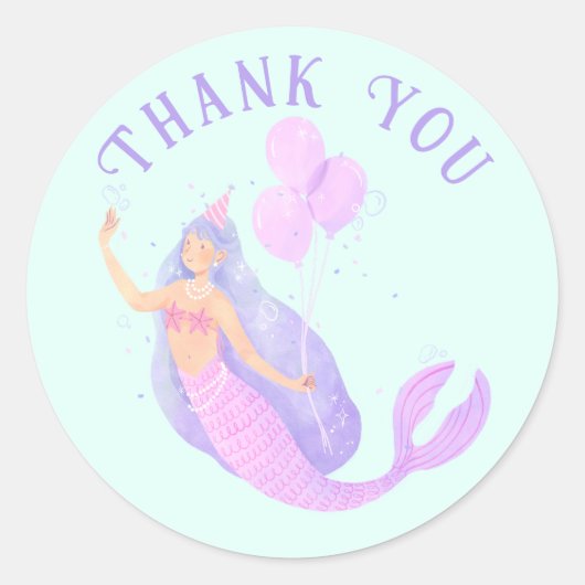 Sticker Rond Sirène sous la mer Anniversaire fille Merci bleu (Devant)