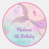 Sticker Rond Sirène sous la mer rose violet Anniversaire (Devant)