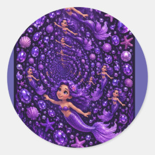 Sticker Rond Sirène Violette Gemme Spirale Fantaisie Art