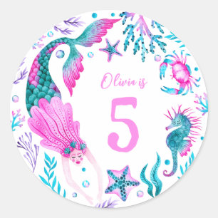 Sticker Rond Sirènes d'aquarelle, Coques de mer + Créatures océ