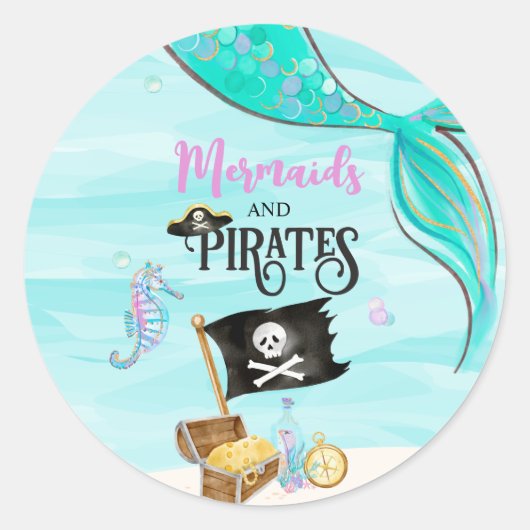 Sticker Rond Sirènes et pirates Anniversaire (Devant)