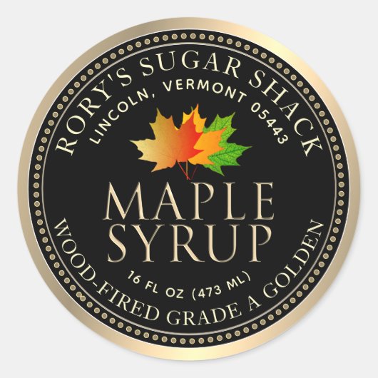 Sticker Rond Sirop d'érable Feuille sucre Bordure or (Devant)