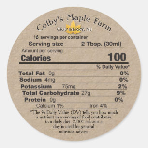 Sticker Rond Sirop d'érable Kraft - valeur nutritive Feuille Ét
