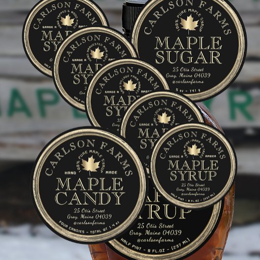 Sticker Rond Sirop d'érable modifiable Fancy Border Noir et or