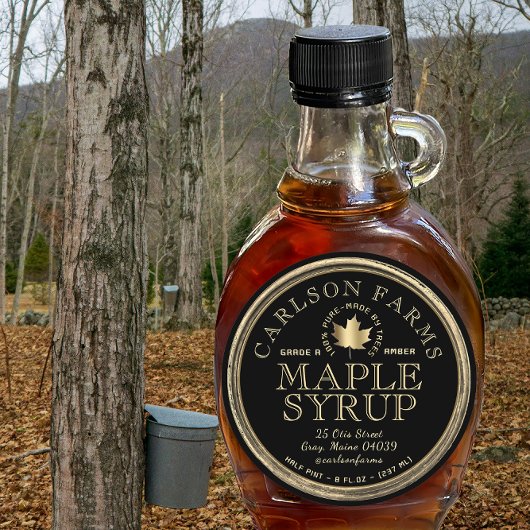 Sticker Rond Sirop d'érable modifiable Fancy Border Noir et or