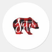 Sticker Rond Sister Bear Rustic Red Buffalo Plaid Family (Devant)