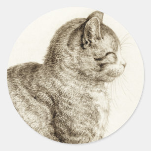 Sticker Rond Sitting cat vintage sepia pencil drawing
