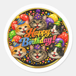 Sticker Rond Six chats vous souhaitent un joyeux anniversaire a