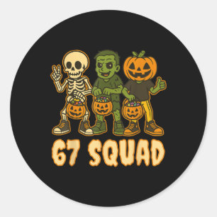 Sticker Rond Six Seven 67 Squad Squelette Citrouille Halloween 