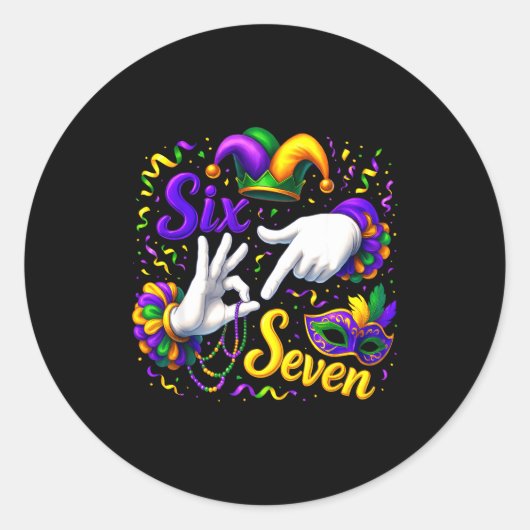 Sticker Rond Six Seven 6 7 Meme Mardi Gras Jester Hand Sign Fat (Devant)