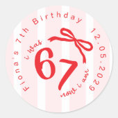 Sticker Rond Six Seven Coquette Girl 7th Birthday Bow Thank you (Devant)