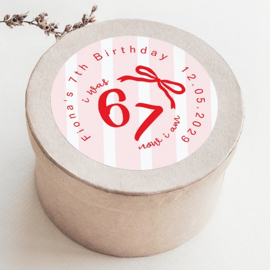 Sticker Rond Six Seven Coquette Girl 7th Birthday Bow Thank you
