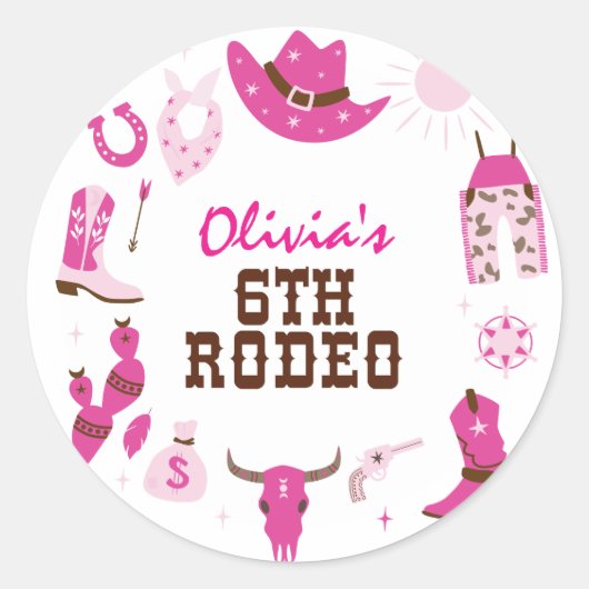 Sticker Rond Sixième Rodéo Rose Western Cowboy 6e anniversaire (Devant)