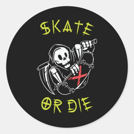 Sticker Rond Skate ou die Grim Reaper Skeleton Skateboarder (Devant)