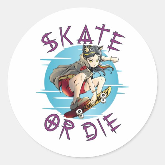 Sticker Rond Skate ou die Skateboarder Girl (Devant)