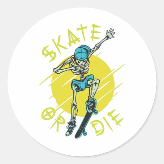 Sticker Rond Skate ou die Skeleton Skateboarder (Devant)