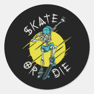 Sticker Rond Skate ou die Skeleton Skateboarder