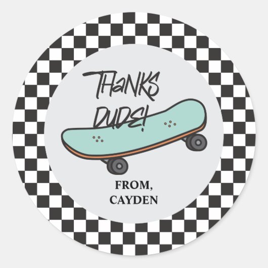 Sticker Rond Skateboard Let's Kick It Anniversaire Merci Favor (Devant)