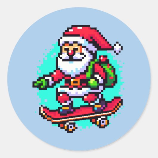 Sticker Rond Skateboard Père Noël - Fun Pixel Art Holiday Desig (Devant)