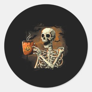 Sticker Rond Skeleton Boire Café Drôle Crâne Halloween Cos