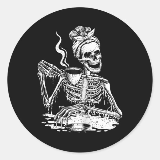 Sticker Rond Skeleton Boire Café Lazy et Easy Femmes Hallo (Devant)