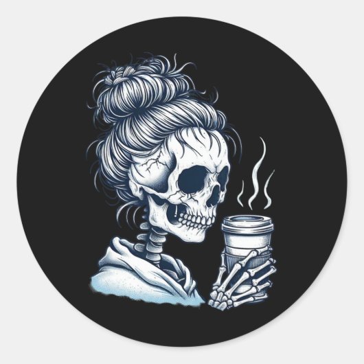 Sticker Rond Skeleton Boire Café Messy Bun Femmes Halloween (Devant)