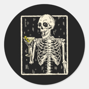Sticker Rond Skeleton Boire Martini Tail Retro Halloween Cos