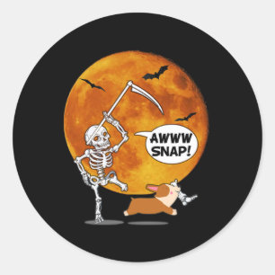 Sticker Rond Skeleton Brossé Jambe Halloween Corgi Reaper Scyth